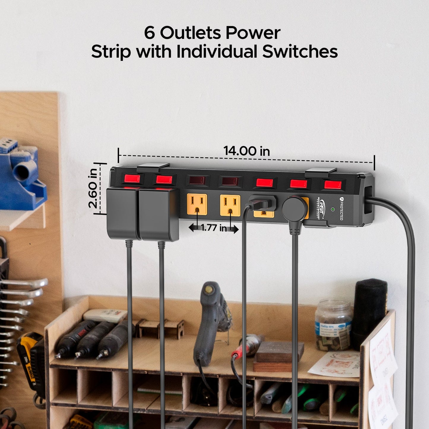 CRST 6 Outlets Individual Switches Mountable Metal Power Strip Surge Protector, 6FT Flat Plug Power Cord