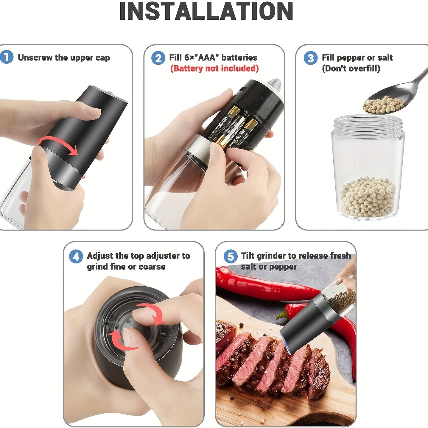 2pcs Gravity Electric Salt and Pepper Grinder Set, Battery Powered LED Light One Hand Automatic Operation, Adjustable Coarseness Mill Grinders Shakers Black, Kitchen Gadgets Gift Ideas