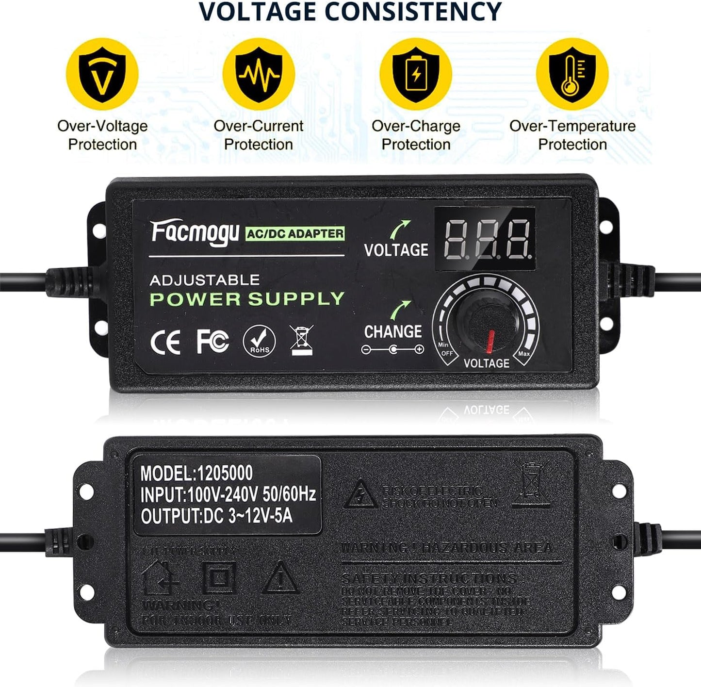 3V-12V 5A 60W Adjustable Power Supply with LED Display, Variable DC 3V 5V 6V 9V 12V Universal AC/DC Adapter, 100V-240V AC to DC 3-12V Switching Power Converter Multi-Voltage Regulated Adaptor