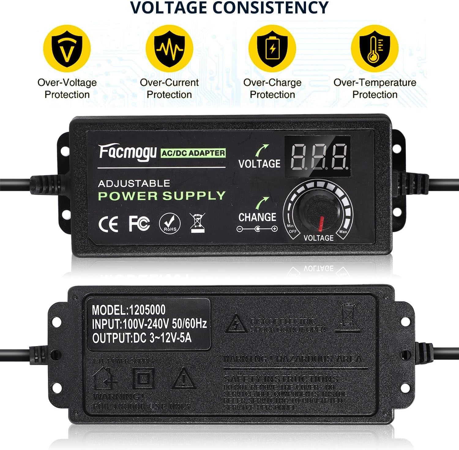 3V-12V 5A 60W Adjustable Power Supply with LED Display, Variable DC 3V 5V 6V 9V 12V Universal AC/DC Adapter, 100V-240V AC to DC 3-12V Switching Power Converter Multi-Voltage Regulated Adaptor
