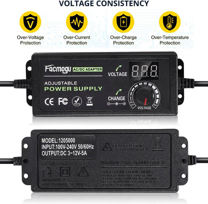 3V-12V 5A 60W Adjustable Power Supply with LED Display, Variable DC 3V 5V 6V 9V 12V Universal AC/DC Adapter, 100V-240V AC to DC 3-12V Switching Power Converter Multi-Voltage Regulated Adaptor