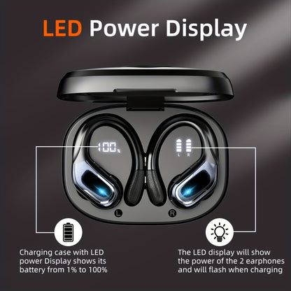 Wireless Sports Earbuds - Headphones & Earbuds with Earhooks, Pure Bass Sound, Over-Ear Design, Dual-LED Display, Built-in Microphone, Noise Cancelling Technology, and Sweat-Resistant for Running and Fitness Enthusiasts