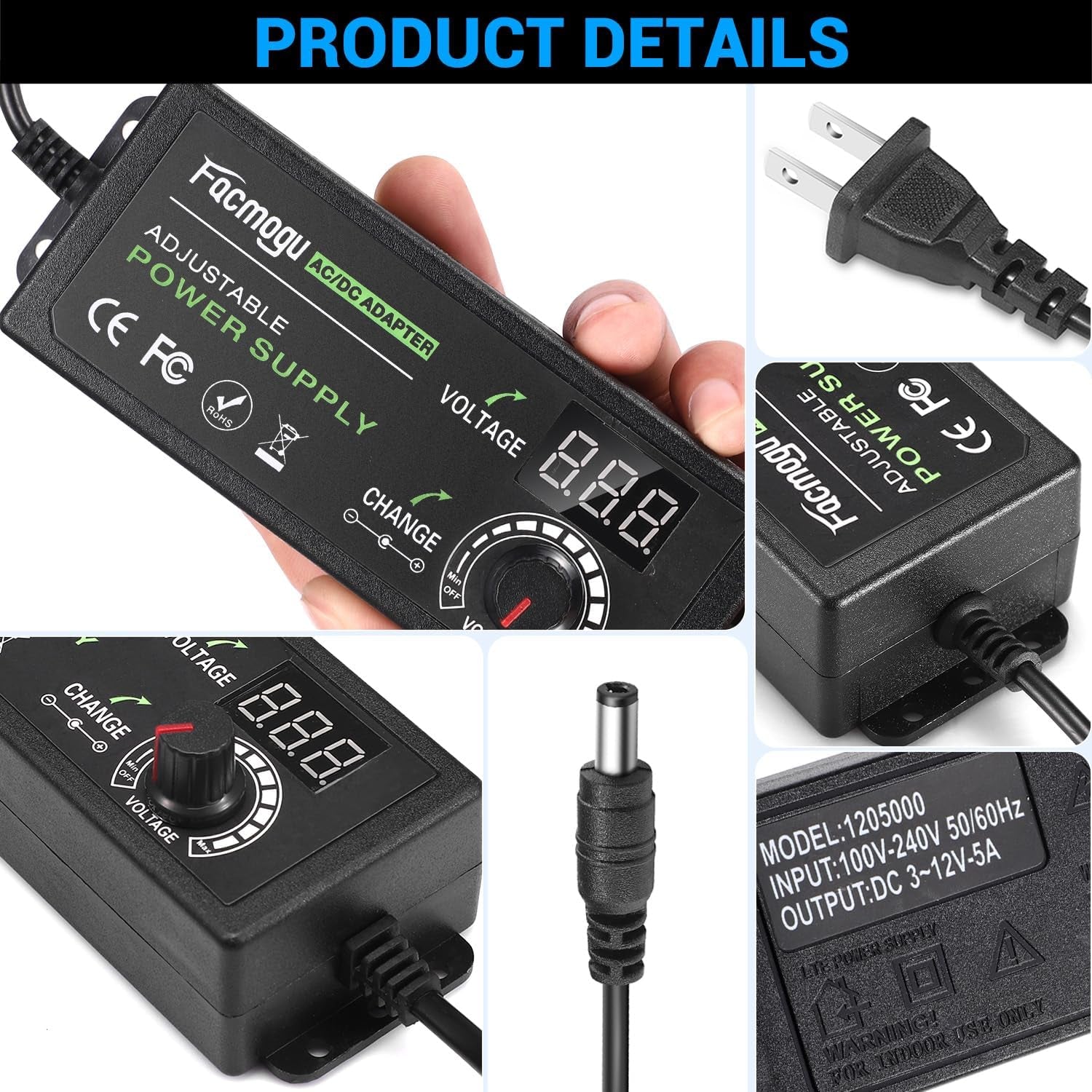 3V-12V 5A 60W Adjustable Power Supply with LED Display, Variable DC 3V 5V 6V 9V 12V Universal AC/DC Adapter, 100V-240V AC to DC 3-12V Switching Power Converter Multi-Voltage Regulated Adaptor