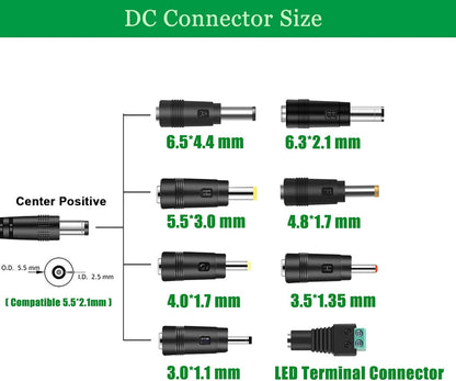12V 5A Power Supply 60W Adapter, Fit for 12 Volt LED Light Strips LCD Monitor CCTV Camera Security System Router. AC 100-240V to DC 12V 5A 4A 3A 2A Converter Cord with 8 Tips.
