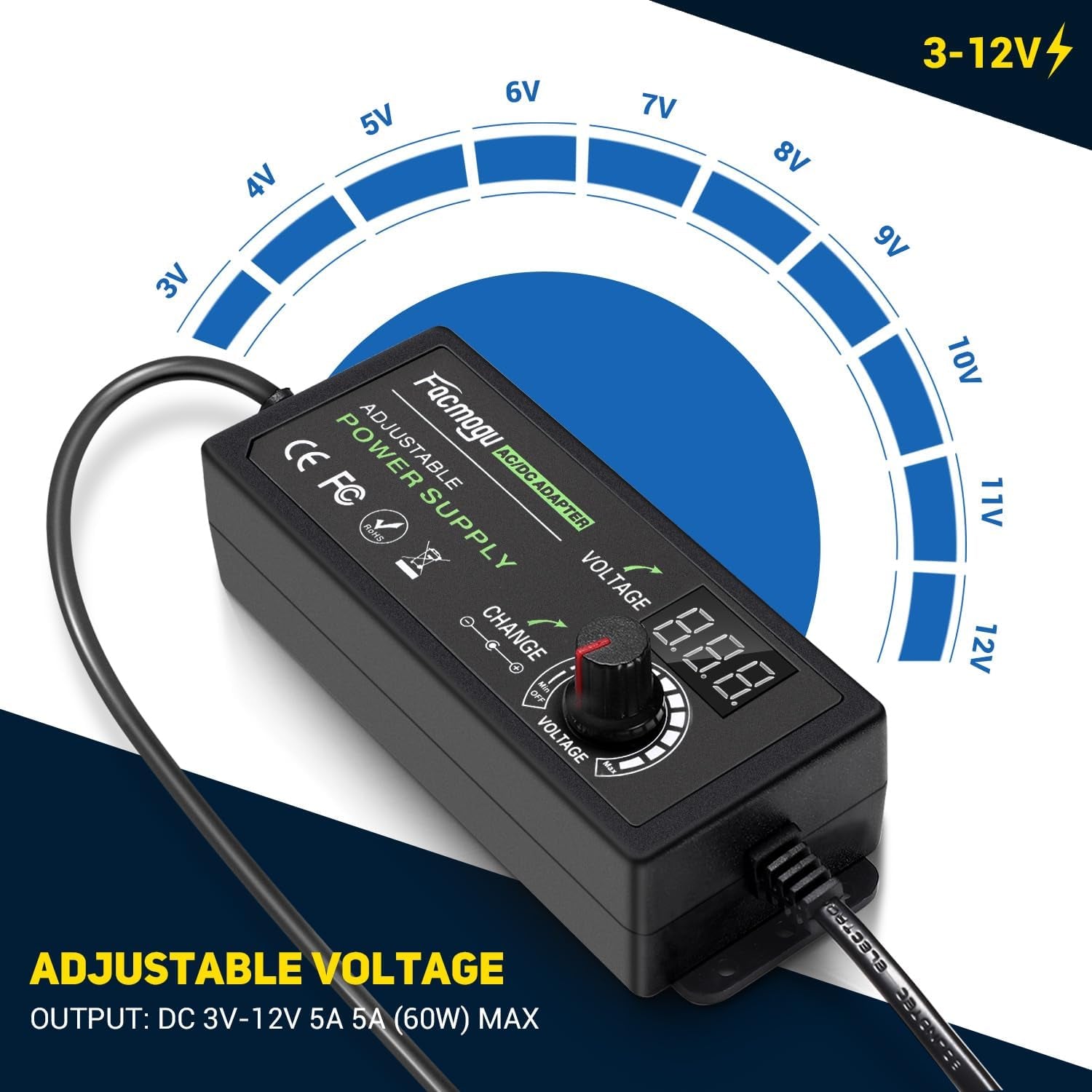 3V-12V 5A 60W Adjustable Power Supply with LED Display, Variable DC 3V 5V 6V 9V 12V Universal AC/DC Adapter, 100V-240V AC to DC 3-12V Switching Power Converter Multi-Voltage Regulated Adaptor