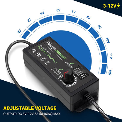 3V-12V 5A 60W Adjustable Power Supply with LED Display, Variable DC 3V 5V 6V 9V 12V Universal AC/DC Adapter, 100V-240V AC to DC 3-12V Switching Power Converter Multi-Voltage Regulated Adaptor