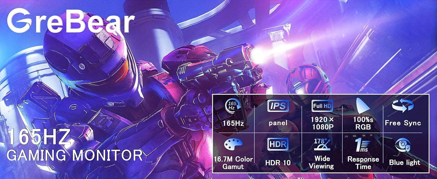 24 Inch FHD 1080P IPS Gaming Monitor Plus - Fast 165Hz Refresh Rate, 1ms Response Time, FreeSync Technology, 100% sRGB Color Gamut, HDR Support, HDMI and DP Connectivity, Built-in Speaker, Tilt Adjustable, VESA Mountable - Id