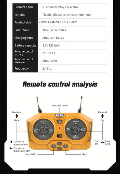 Mini Excavator Toy with Remote Control and App Control, Fun Men'S Toy, High-tech 11-Channel Alloy, Plastic Engineer Truck, Perfect Gift for Children