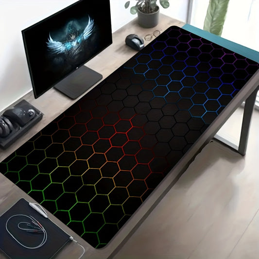 A Large Electronic Sports Gaming Mouse Pad Featuring a Colorful Hexagonal Tech Pattern, with a Non-Slip, Washable Rubber Base. This Oversized Desk Mat Is Perfect for Office Accessories, Computer Decor, And Desktop Decoration