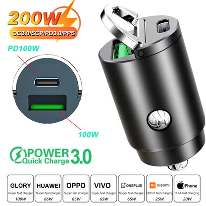 Car 100-200W Dual Port Mini USB Charger Ultra Fast Charging Cigarette Lighter Socket 12-24V Aluminum Cell Phone Charging Adapter