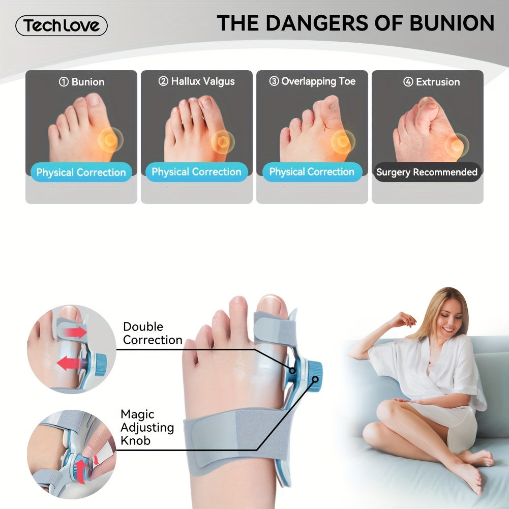 1pc TECH LOVE Adjustable Bunion Corrector for Men & Women, Double Correction Hammer Toe Straightener with Silicone Pad, Hand Washable Buckle Closure Bunion Splint Relief Separator