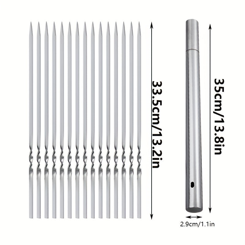 15pcs of Stainless Steel Skewers And 1 Storage Tube for Barbecuing; Reusable Grill Skewers for Shish Kebab And Camping Flat Forks Gadgets