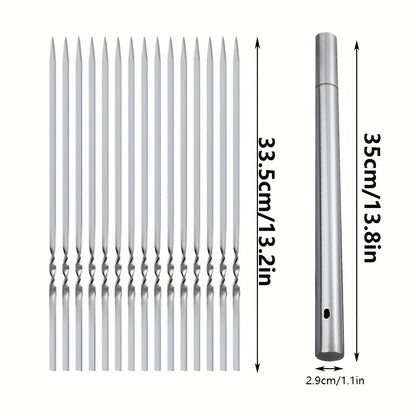 15pcs of Stainless Steel Skewers And 1 Storage Tube for Barbecuing; Reusable Grill Skewers for Shish Kebab And Camping Flat Forks Gadgets