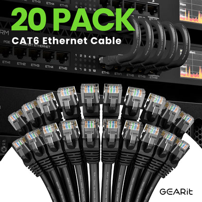 Cat 6 Ethernet Cable Pack - 20-Pack 25 Ft Cat6 Ethernet Patch Cables | RJ45 Network Patch Cable, 10 Gbps Snagless Gold-Plated Connectors - Ethernet Cable Cat 6 for PC, TV, Router - Black