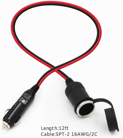 12FT Car Cigarette Lighter Extension Cord 12FT - Male Plug to Female Socket 16AWG Heavy Duty Extension Cable with LED Lights Power for Tire Pump, Air Compressor (12FT)