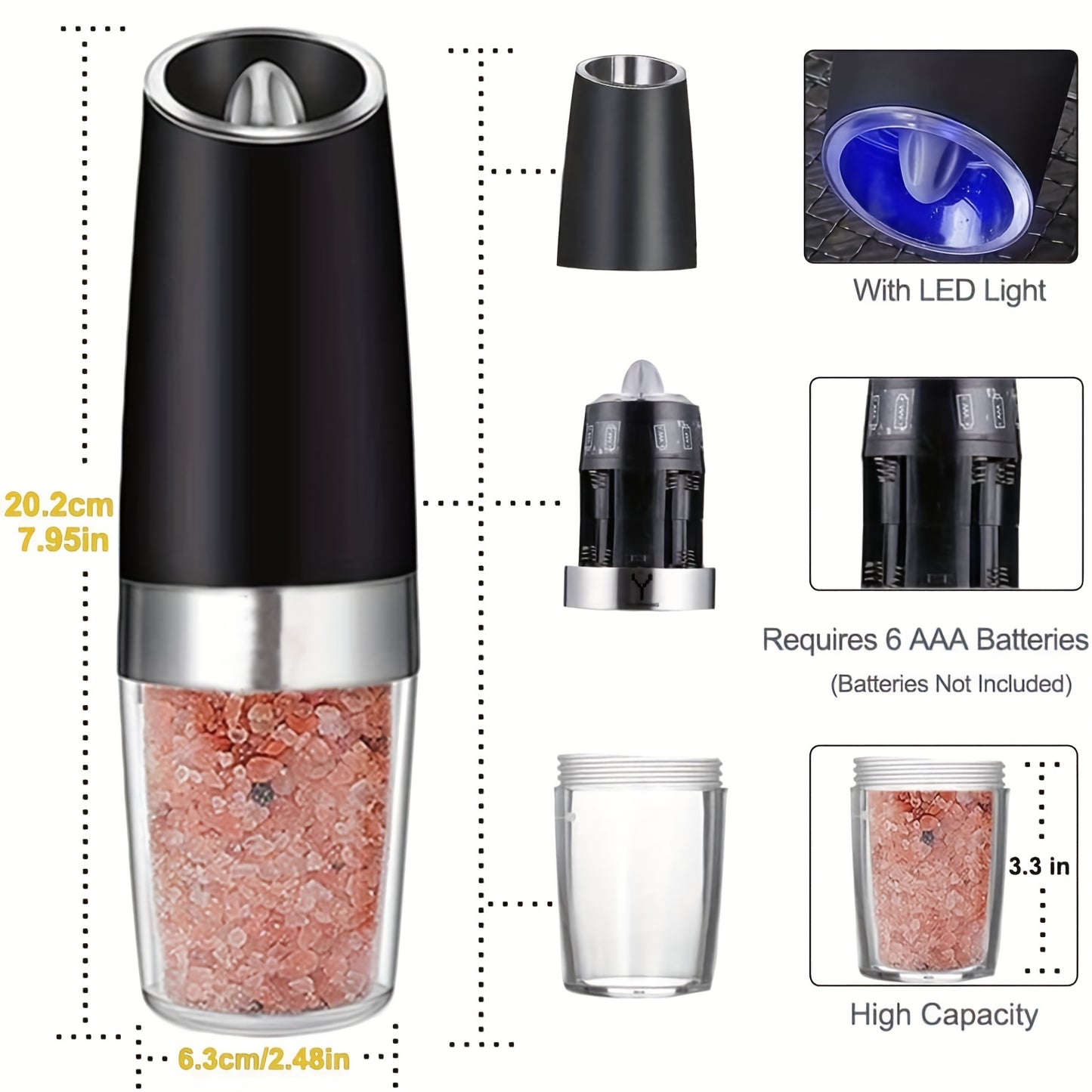 2pcs Gravity Electric Salt and Pepper Grinder Set, Battery Powered LED Light One Hand Automatic Operation, Adjustable Coarseness Mill Grinders Shakers Black, Kitchen Gadgets Gift Ideas