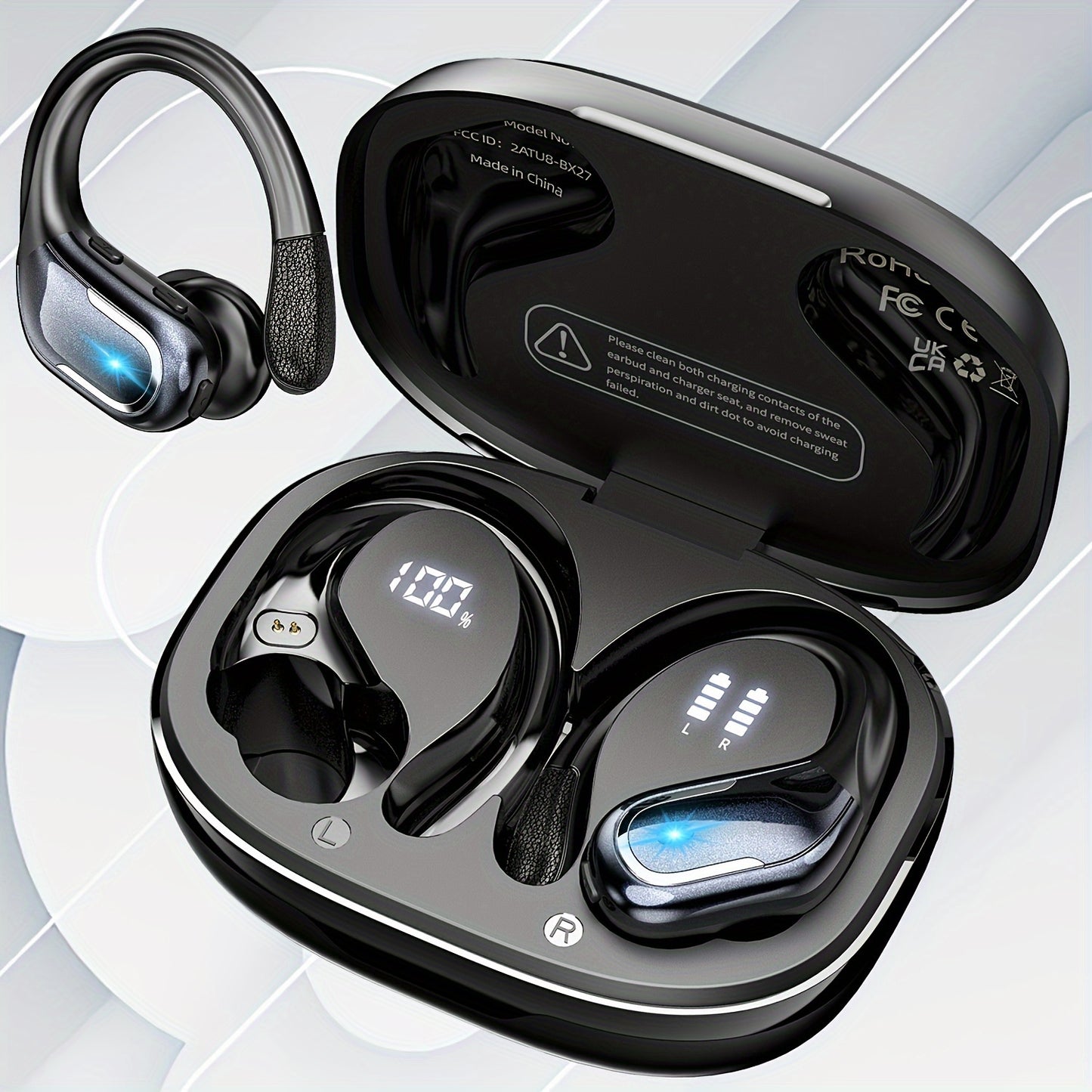 Wireless Sports Earbuds - Headphones & Earbuds with Earhooks, Pure Bass Sound, Over-Ear Design, Dual-LED Display, Built-in Microphone, Noise Cancelling Technology, and Sweat-Resistant for Running and Fitness Enthusiasts