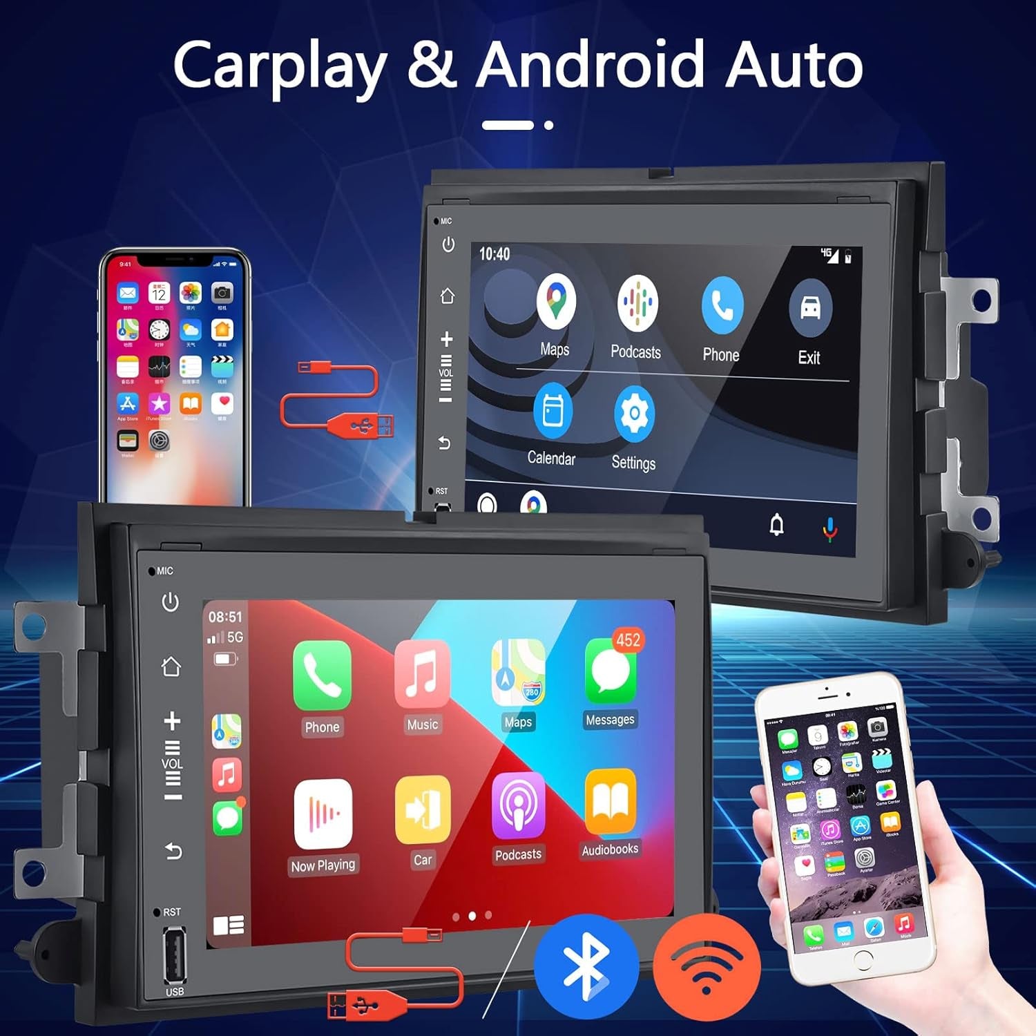 2G+32G Wirelss Carplay Android Car Stereo with Wired Android Auto,For Ford F150 F250 F350 Fusion Edge Explorer Expedition, 7” Double Din Radio with GPS Navigation/Wifi/Bluetooth/Fm/Rds/Am/Dsp