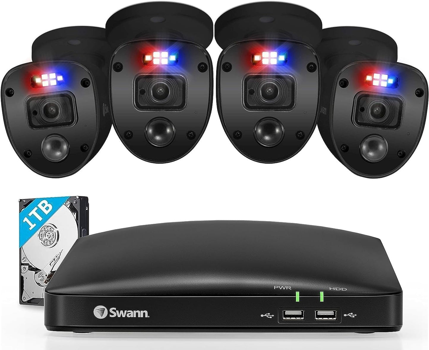 1080P Video 8 Channel DVR Security Camera System, 1TB Hard Drive, 4 Indoor/Outdoor Cameras with Audio, Wired CCTV Home Surveillance, Color Night Vision, force LED Lights & Sirens, 846804SLB