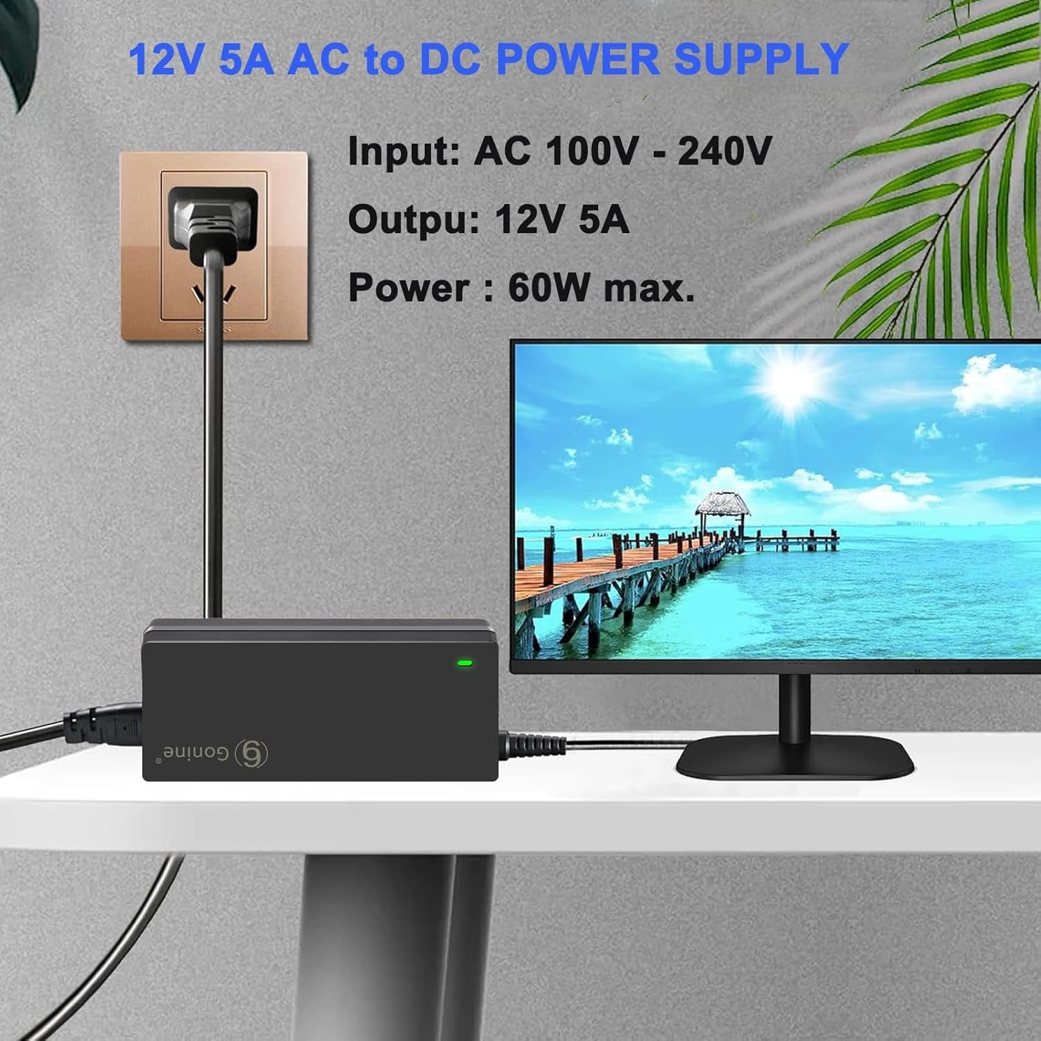 12V 5A Power Supply 60W Adapter, Fit for 12 Volt LED Light Strips LCD Monitor CCTV Camera Security System Router. AC 100-240V to DC 12V 5A 4A 3A 2A Converter Cord with 8 Tips.