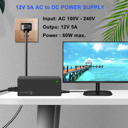 12V 5A Power Supply 60W Adapter, Fit for 12 Volt LED Light Strips LCD Monitor CCTV Camera Security System Router. AC 100-240V to DC 12V 5A 4A 3A 2A Converter Cord with 8 Tips.