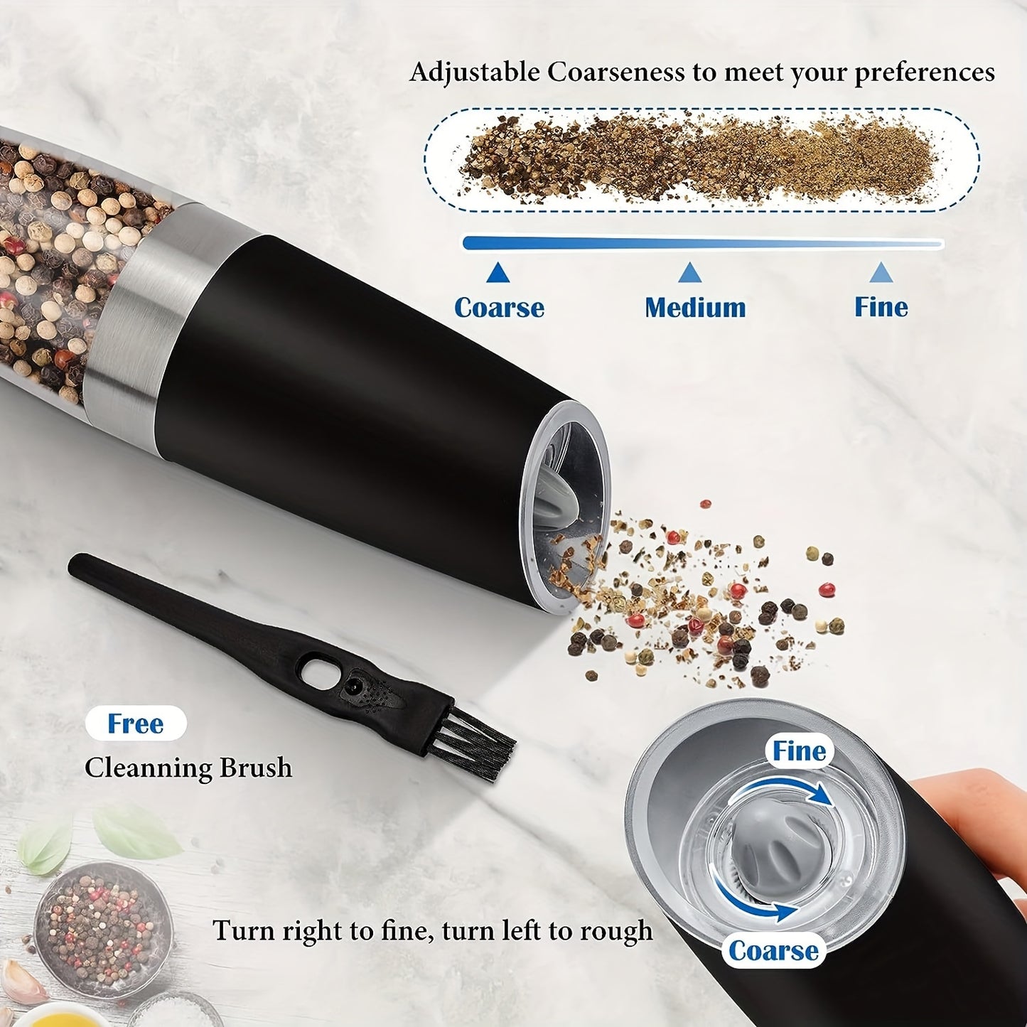 2pcs Gravity Electric Salt and Pepper Grinder Set, Battery Powered LED Light One Hand Automatic Operation, Adjustable Coarseness Mill Grinders Shakers Black, Kitchen Gadgets Gift Ideas