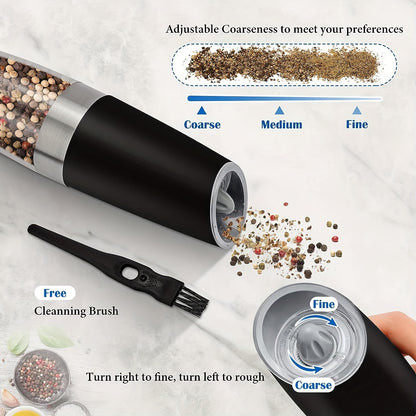 2pcs Gravity Electric Salt and Pepper Grinder Set, Battery Powered LED Light One Hand Automatic Operation, Adjustable Coarseness Mill Grinders Shakers Black, Kitchen Gadgets Gift Ideas