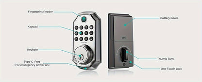 D280 Smart 5-in-1 Fingerprint Door Lock, Keyless Entry Door Lock, Biometric Technology with Memory Function, Fits Most Standard Doors, Unlocking Log, Durable, 100 Passcodes, Temporary Sharing, Anti-Snoop Passcode