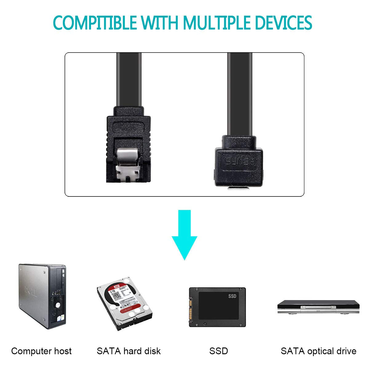 SATA Cable III, 3 Pack SATA Cable III 6Gbps 90 Degree Right Angle with Locking Latch 18 Inch for SATA HDD, SSD, CD Driver, CD Writer - Black