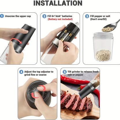 2pcs Gravity Electric Salt and Pepper Grinder Set, Battery Powered LED Light One Hand Automatic Operation, Adjustable Coarseness Mill Grinders Shakers Black, Kitchen Gadgets Gift Ideas