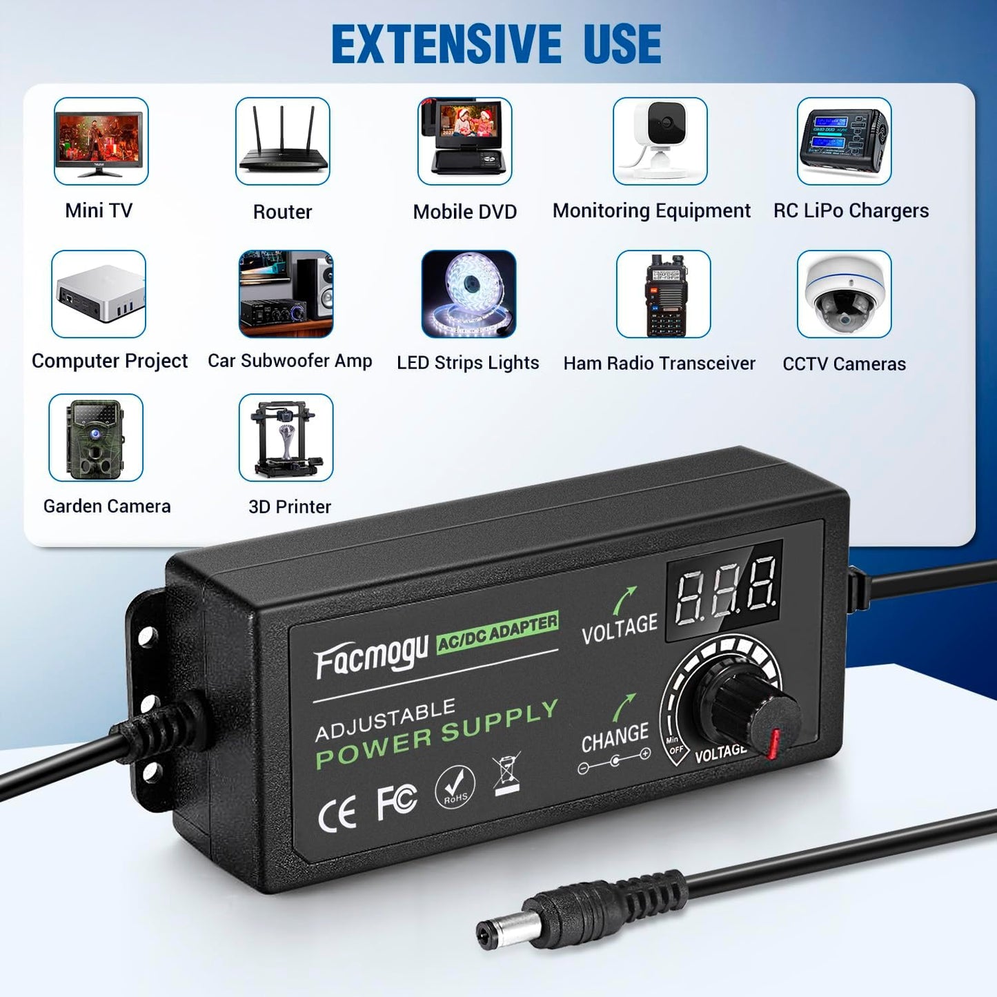 3V-12V 5A 60W Adjustable Power Supply with LED Display, Variable DC 3V 5V 6V 9V 12V Universal AC/DC Adapter, 100V-240V AC to DC 3-12V Switching Power Converter Multi-Voltage Regulated Adaptor