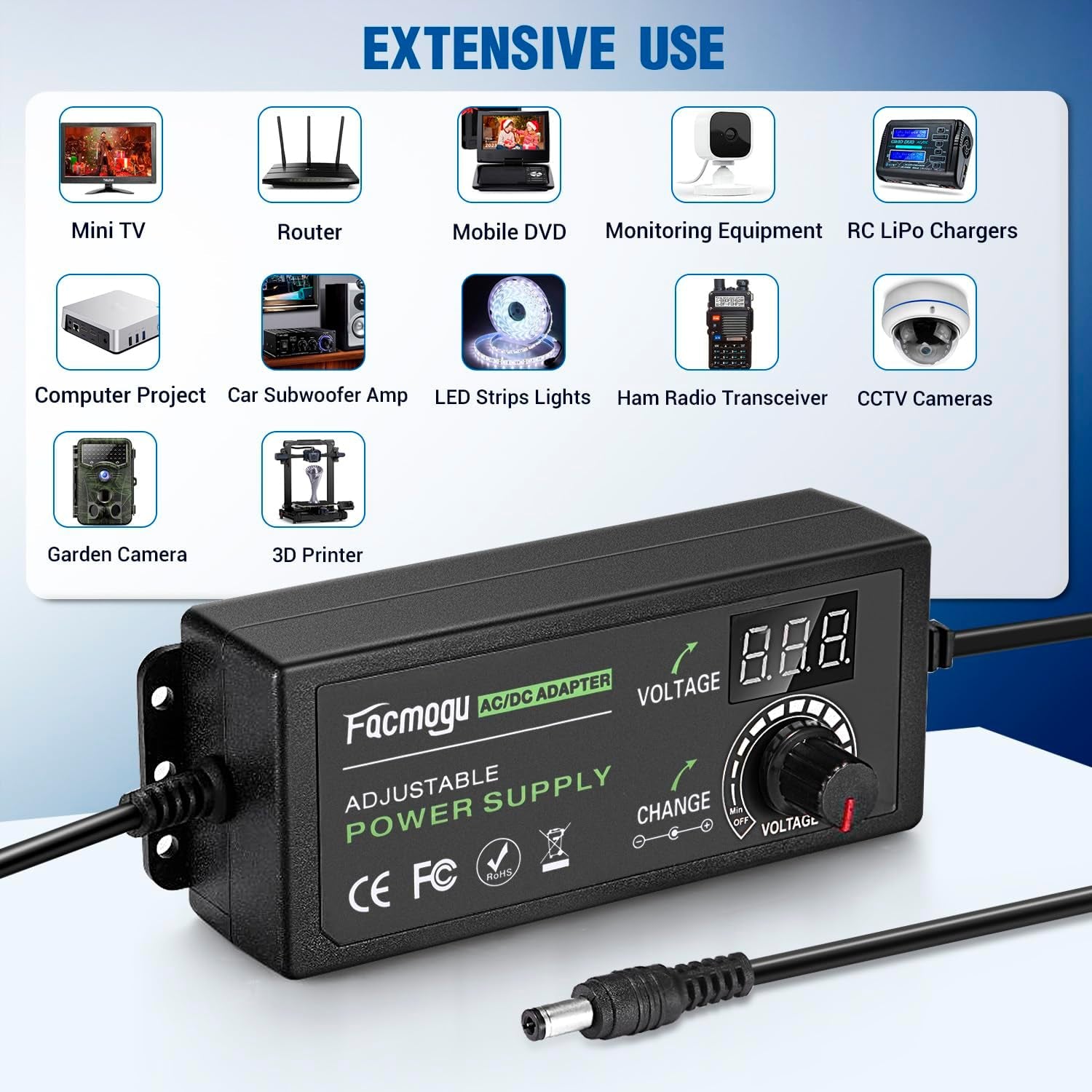 3V-12V 5A 60W Adjustable Power Supply with LED Display, Variable DC 3V 5V 6V 9V 12V Universal AC/DC Adapter, 100V-240V AC to DC 3-12V Switching Power Converter Multi-Voltage Regulated Adaptor