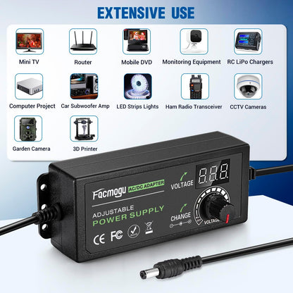 3V-12V 5A 60W Adjustable Power Supply with LED Display, Variable DC 3V 5V 6V 9V 12V Universal AC/DC Adapter, 100V-240V AC to DC 3-12V Switching Power Converter Multi-Voltage Regulated Adaptor