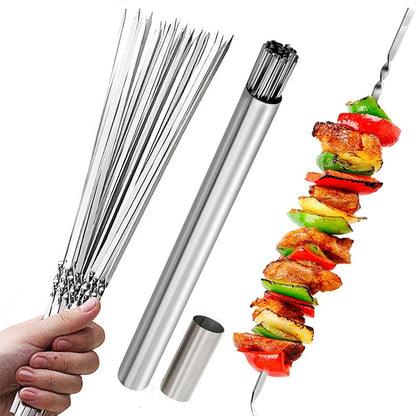 15pcs of Stainless Steel Skewers And 1 Storage Tube for Barbecuing; Reusable Grill Skewers for Shish Kebab And Camping Flat Forks Gadgets