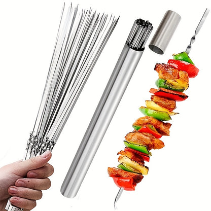 15pcs of Stainless Steel Skewers And 1 Storage Tube for Barbecuing; Reusable Grill Skewers for Shish Kebab And Camping Flat Forks Gadgets