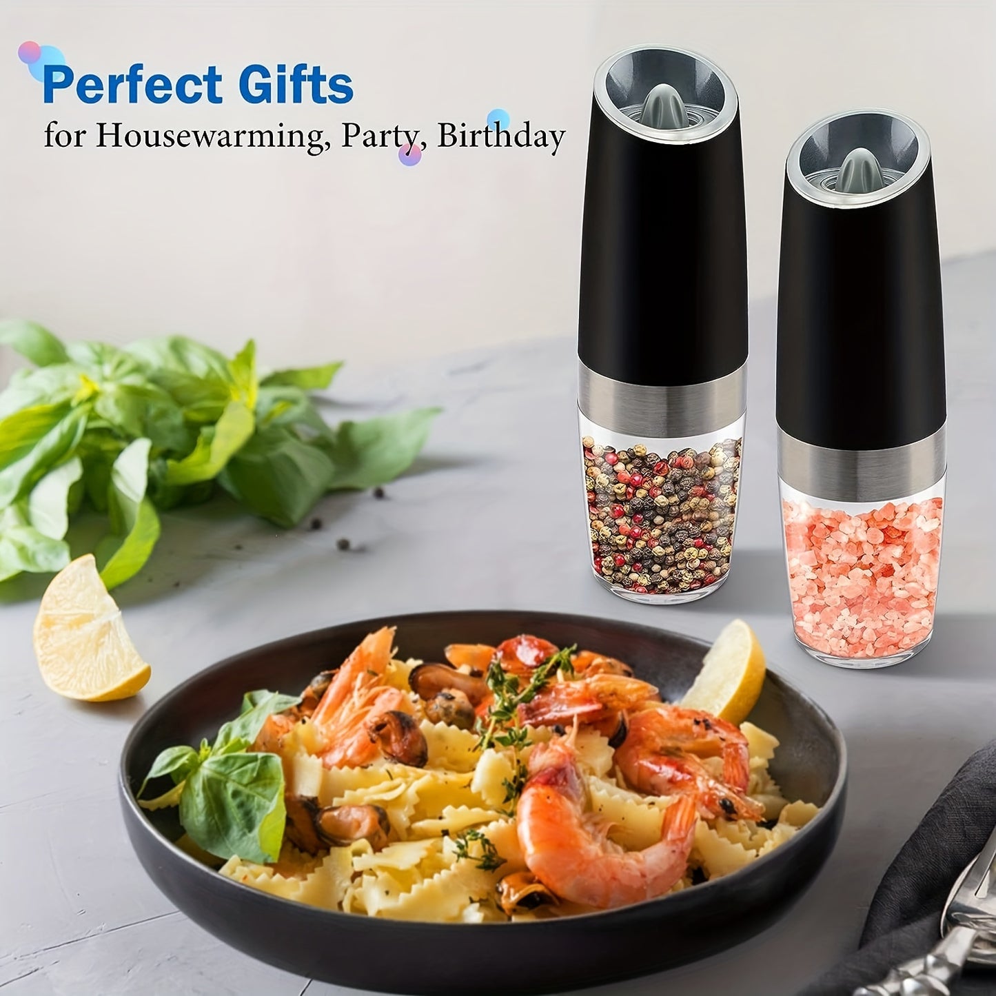 2pcs Gravity Electric Salt and Pepper Grinder Set, Battery Powered LED Light One Hand Automatic Operation, Adjustable Coarseness Mill Grinders Shakers Black, Kitchen Gadgets Gift Ideas