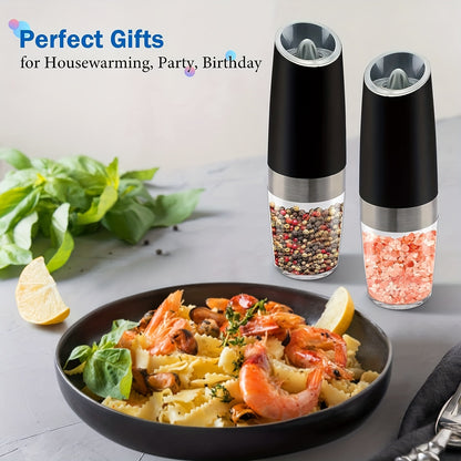 2pcs Gravity Electric Salt and Pepper Grinder Set, Battery Powered LED Light One Hand Automatic Operation, Adjustable Coarseness Mill Grinders Shakers Black, Kitchen Gadgets Gift Ideas