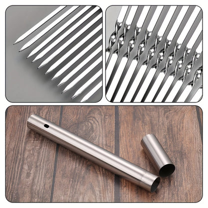 15pcs of Stainless Steel Skewers And 1 Storage Tube for Barbecuing; Reusable Grill Skewers for Shish Kebab And Camping Flat Forks Gadgets