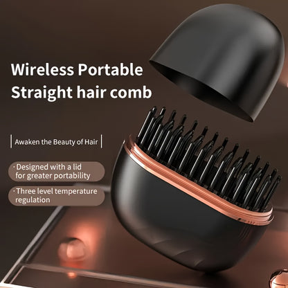 Mini Portable Wireless Hair Straightener with USB- Heating Plates, 3-Temperature Settings & Volumizing for straightening wet/Dry Hair - Compact Styler for Travel, On-the-Go Smoothing (Copper Heating Tech)