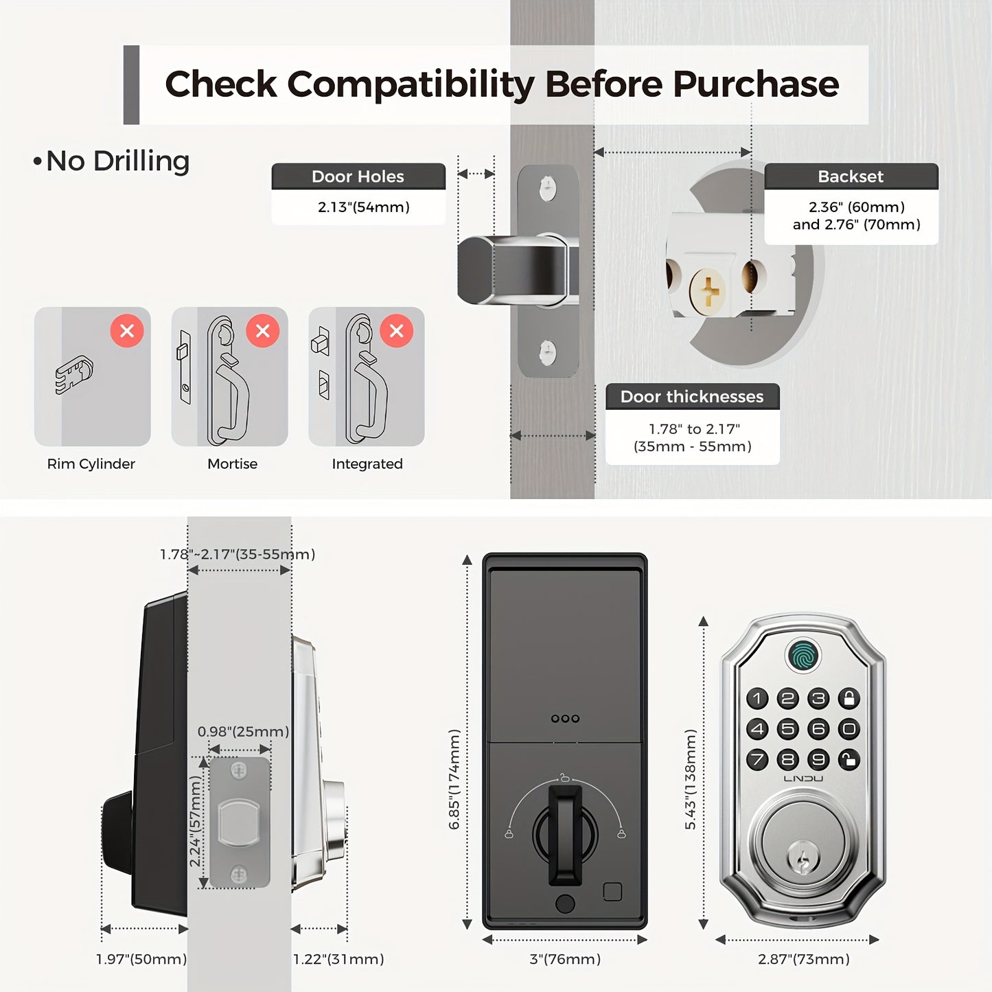 D280 Smart 5-in-1 Fingerprint Door Lock, Keyless Entry Door Lock, Biometric Technology with Memory Function, Fits Most Standard Doors, Unlocking Log, Durable, 100 Passcodes, Temporary Sharing, Anti-Snoop Passcode