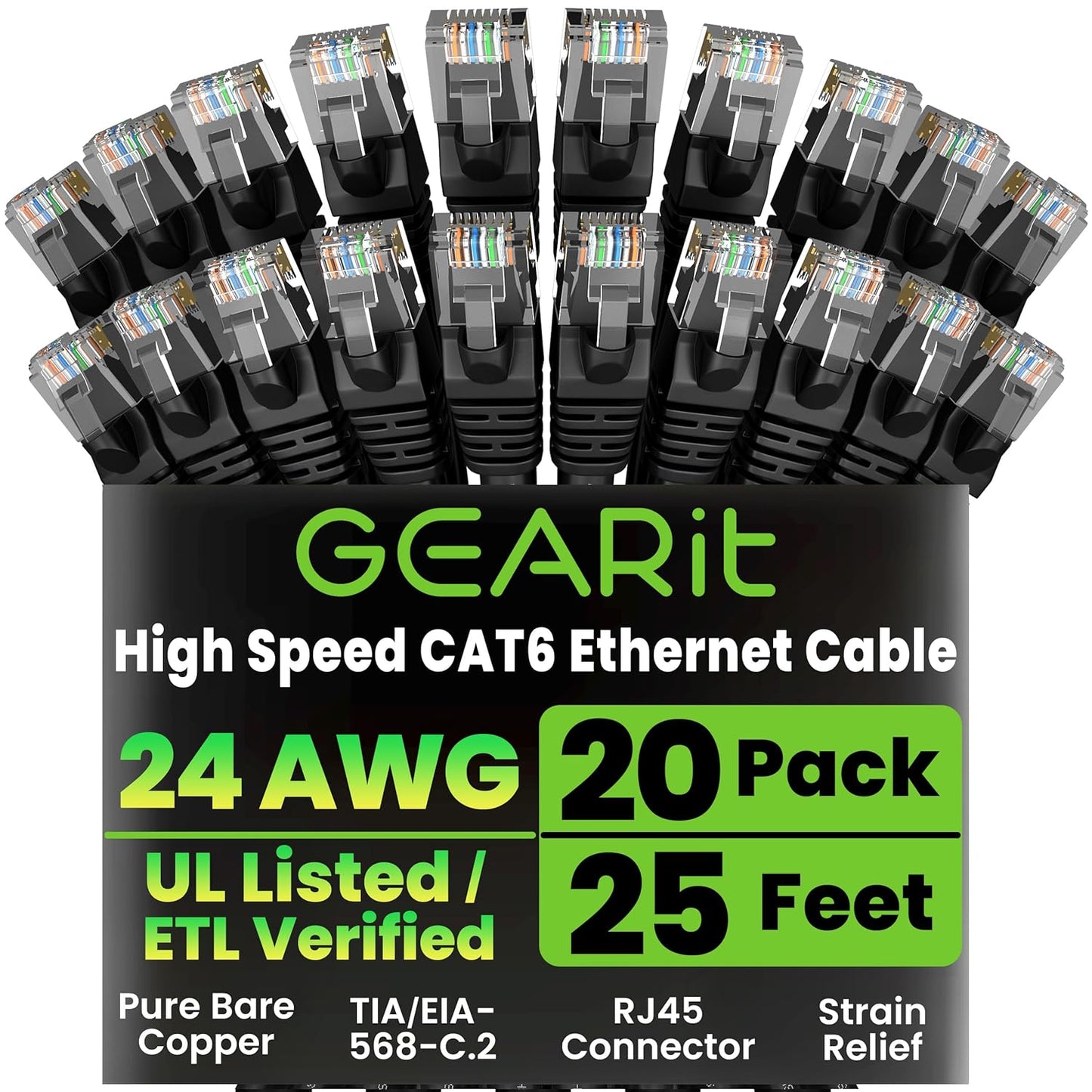 Cat 6 Ethernet Cable Pack - 20-Pack 25 Ft Cat6 Ethernet Patch Cables | RJ45 Network Patch Cable, 10 Gbps Snagless Gold-Plated Connectors - Ethernet Cable Cat 6 for PC, TV, Router - Black