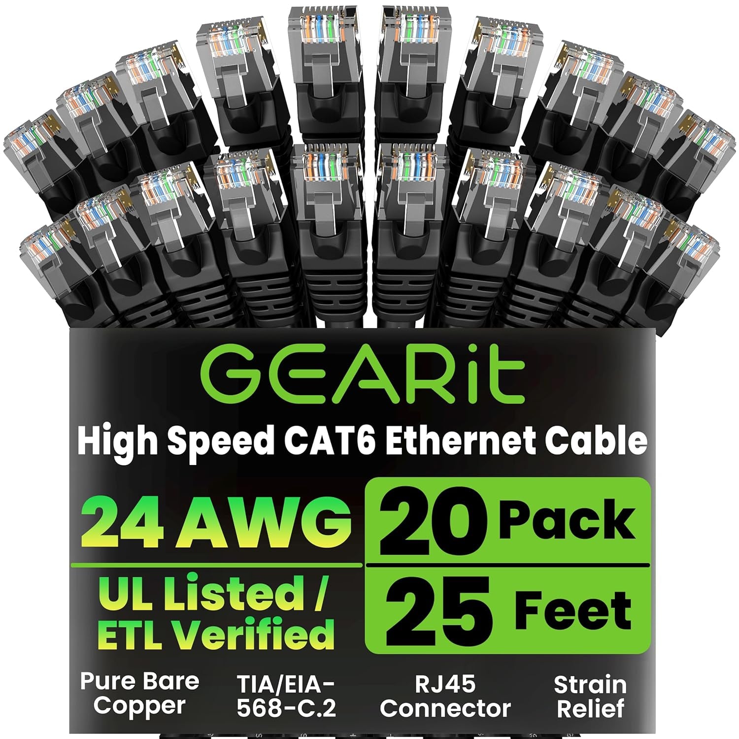 Cat 6 Ethernet Cable Pack - 20-Pack 25 Ft Cat6 Ethernet Patch Cables | RJ45 Network Patch Cable, 10 Gbps Snagless Gold-Plated Connectors - Ethernet Cable Cat 6 for PC, TV, Router - Black
