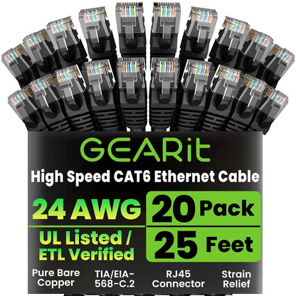 Cat 6 Ethernet Cable Pack - 20-Pack 25 Ft Cat6 Ethernet Patch Cables | RJ45 Network Patch Cable, 10 Gbps Snagless Gold-Plated Connectors - Ethernet Cable Cat 6 for PC, TV, Router - Black