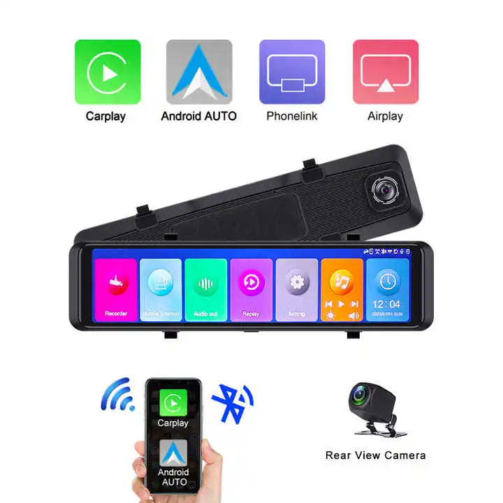 12 Inch Android Auto and Wireless Carplay 4K+1080P Recording Rearview Mirror Video Recorder WiFi BT G-Sensor Dash Cam