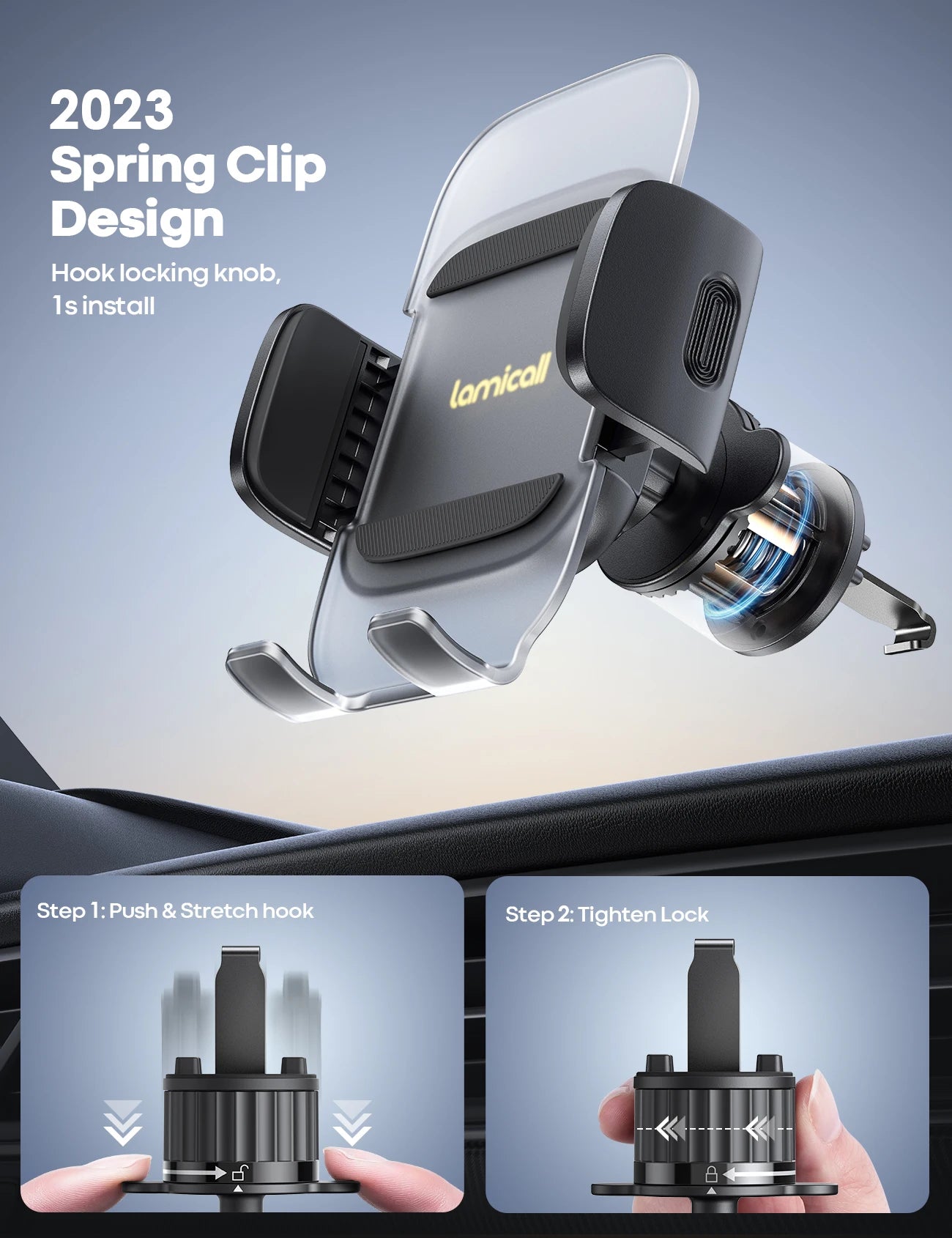 Lamicall CV09 Gravity Car Phone Holder Air Vent Mount Auto Lock Hands Free Cell Phone Stand One Hand Operation Stable Clip GPS