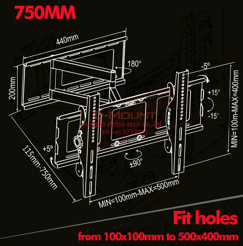 D-MOUNT DL-WA-102CT 60kg 60" 55" 46" Universal Retractable Swivel TILT 500x400 LCD Wall VESA Holder Full Motion Tv Bracket