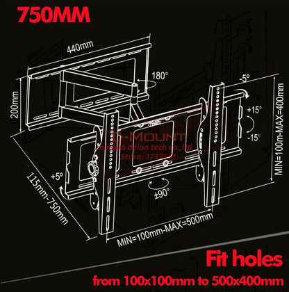D-MOUNT DL-WA-102CT 60kg 60" 55" 46" Universal Retractable Swivel TILT 500x400 LCD Wall VESA Holder Full Motion Tv Bracket