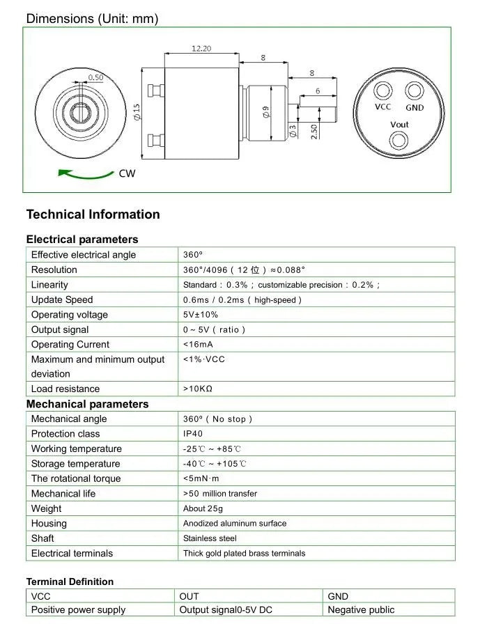 0-5V output Mini Hall Angle 360 Degree Contactless Potentiometer 12 bit encoder 5V P3015