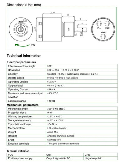 0-5V output Mini Hall Angle 360 Degree Contactless Potentiometer 12 bit encoder 5V P3015
