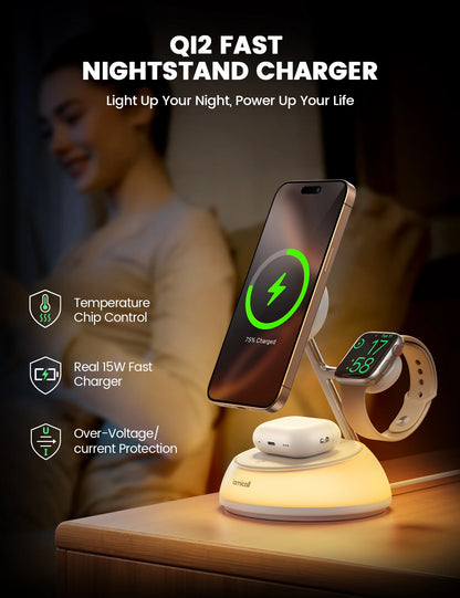 Lamicall T8L Qi2 Certified Wireless Charging Station 4in1 Magnetic Fast Wireless Charger Stand Night Light T7 Smart Phone Watch